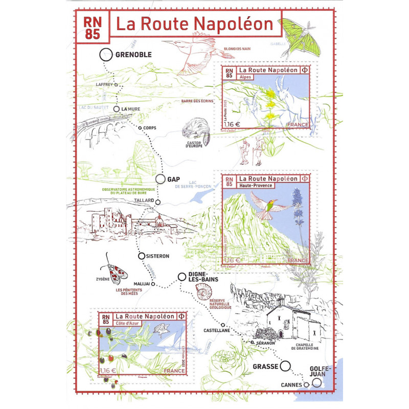 Feuillet de 3 timbres La route Napoléon RN85 neuf Philantologie