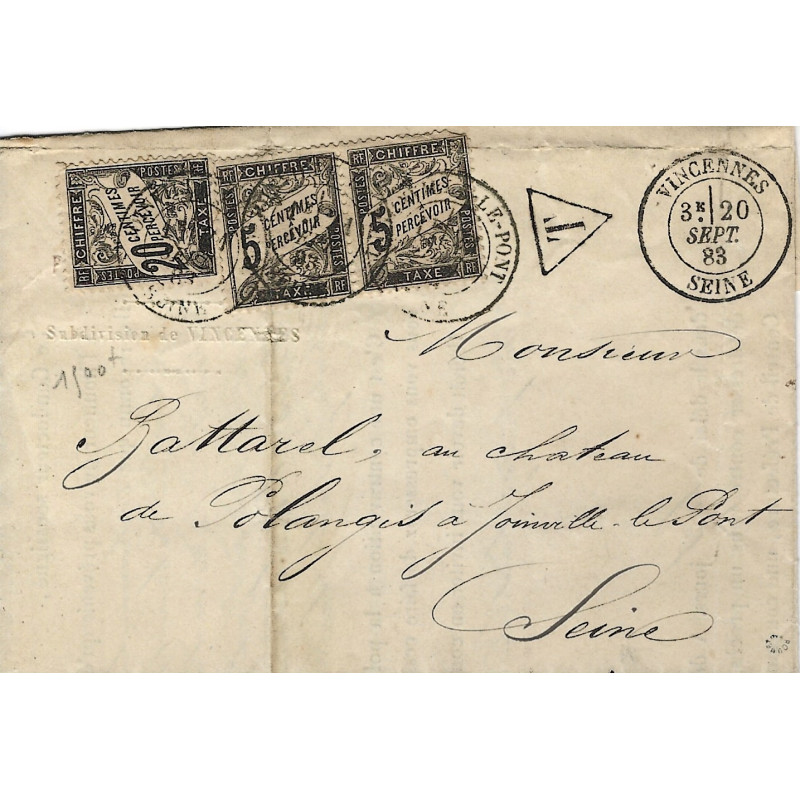 Timbres-taxe N°17 et 14 paire oblitérés sur pli de Vincennes 1883.