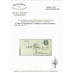 Bordeaux timbre de France N°44A grand bdf oblitéré sur pli de Cognac 1871.