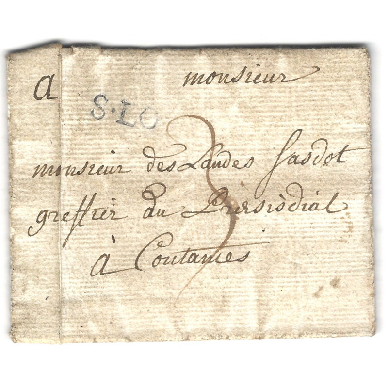 Timbre noir S. LO (Saint-Lô) sur lettre pour Coutances 1751.