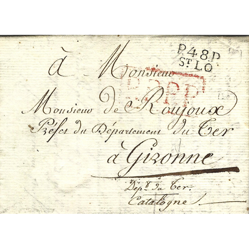 Marque postale P48P ST LO sur lettre P.P.P.P. pour Catalogne (Dép. conquis) 1812.