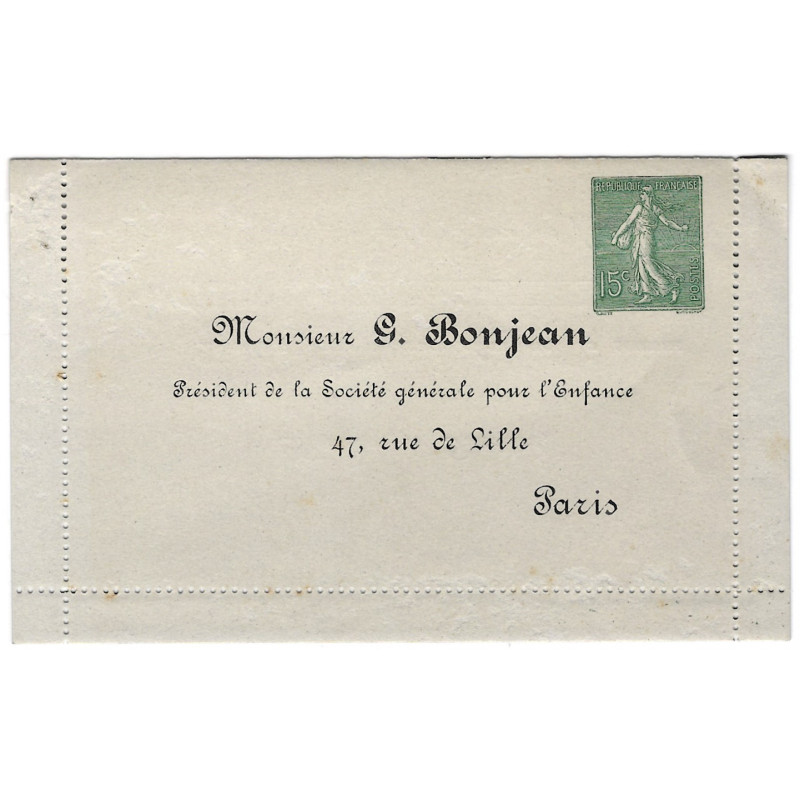 Carte lettre TSC 15c. Semeuse lignée "G. Bonjean" neuf, R.