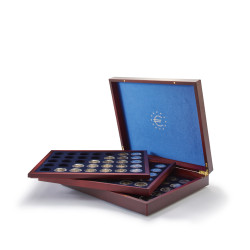 Coffret numismatique Volterra acajou pour 105 pièces de 2 euros sous capsules.