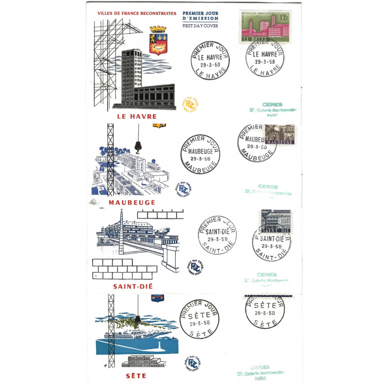 Villes de France reconstruites timbres N°1152-1155 série oblitéré en FDC.