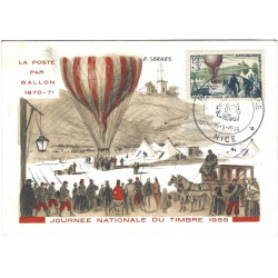 La Poste par Ballon timbre de France N°1018 oblitéré sur carte maximum.