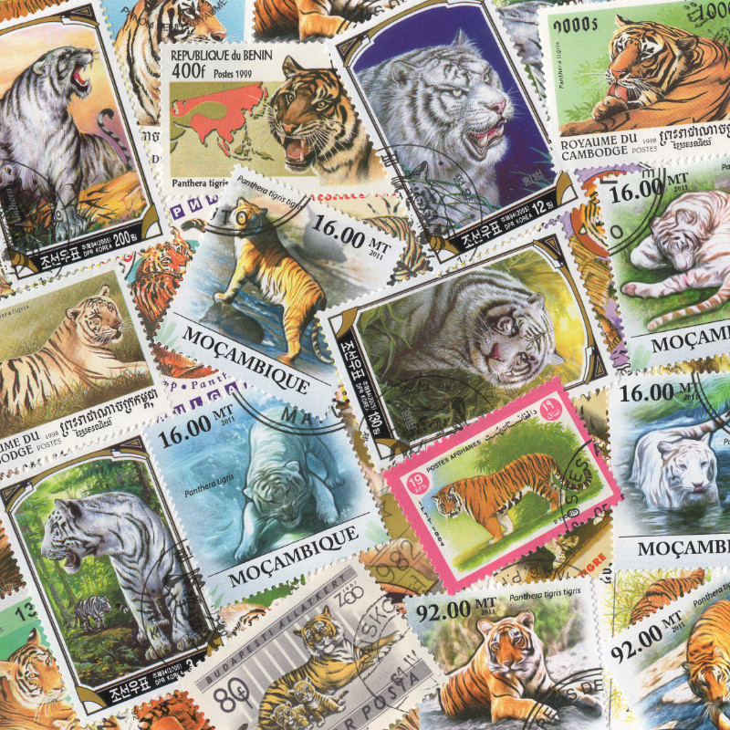 Tigres 25 timbres thématiques tous différents.