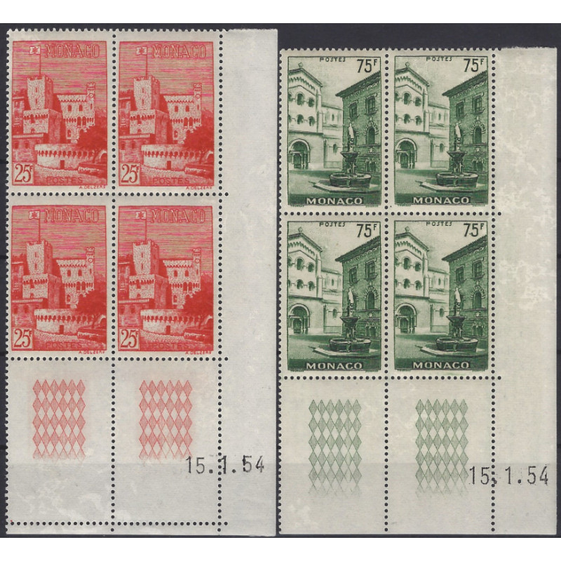 Monaco timbres N°397-398 Vues de la Principauté série en bloc coin daté neuf**.