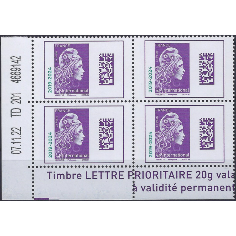 Timbre Marianne l'engagée lettre internationale surchargé 2024 bloc coin daté neuf**.