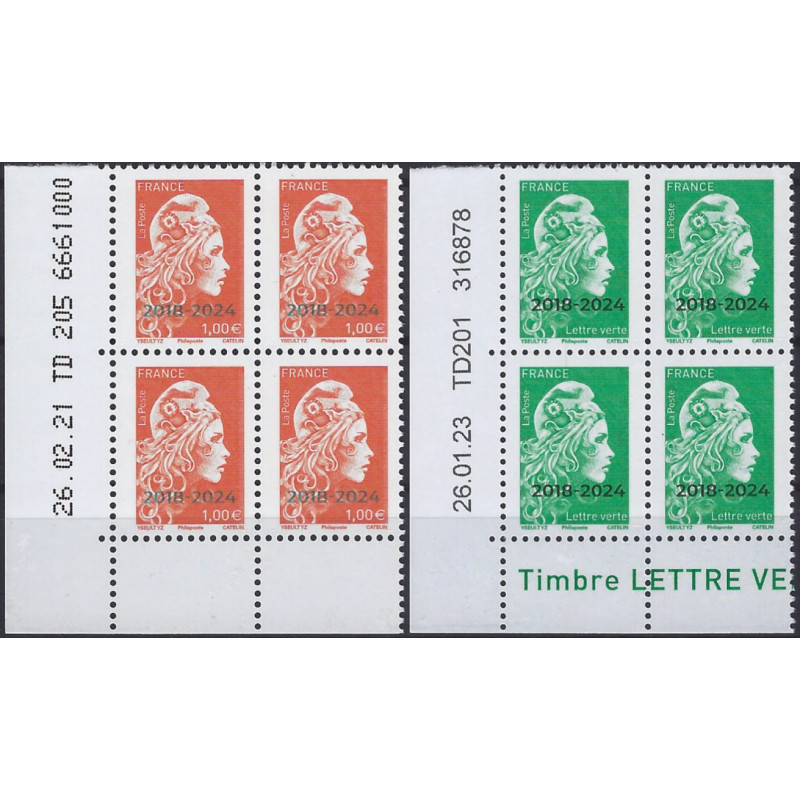 Timbres Marianne l'engagée 2 valeurs surchargés 2024 en bloc coin daté neuf**.