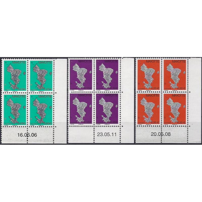 Carte de l'ile timbres de Mayotte N°158a-160a série en bloc coin daté neuf**.