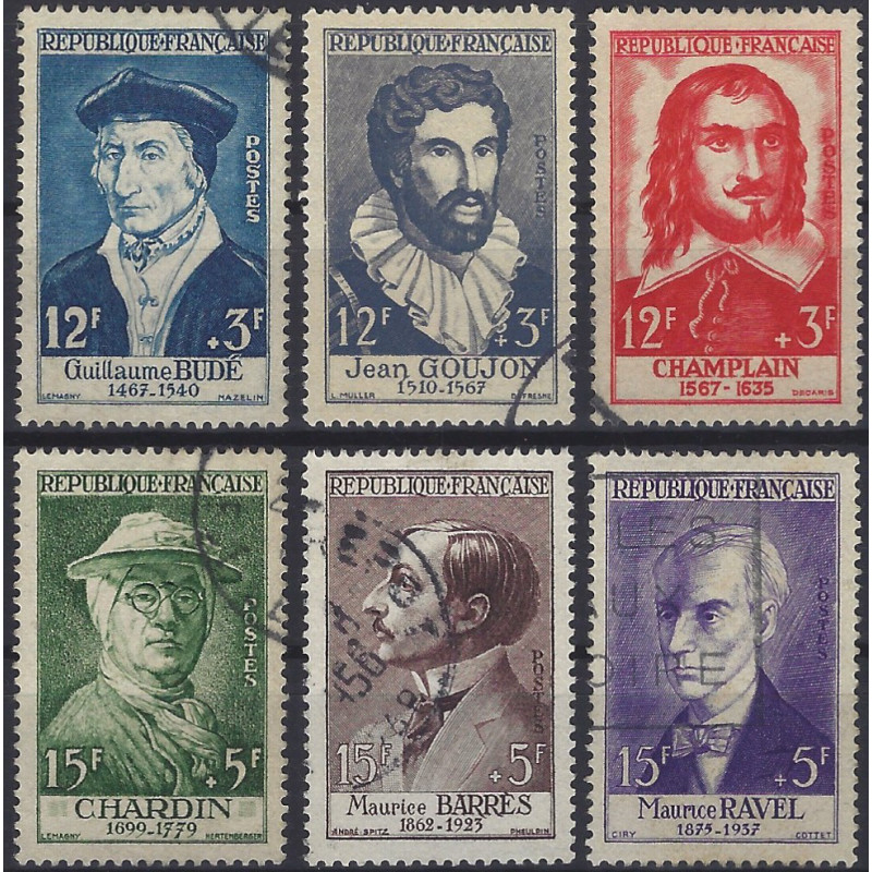 Célébrités 1956, timbres de France N°1066-1071 série oblitéré.