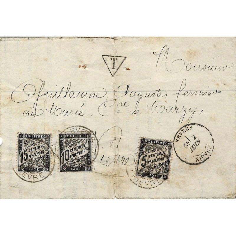 Timbres-taxe N°14-15-16 oblitérés sur pli de Nièvre 1883.