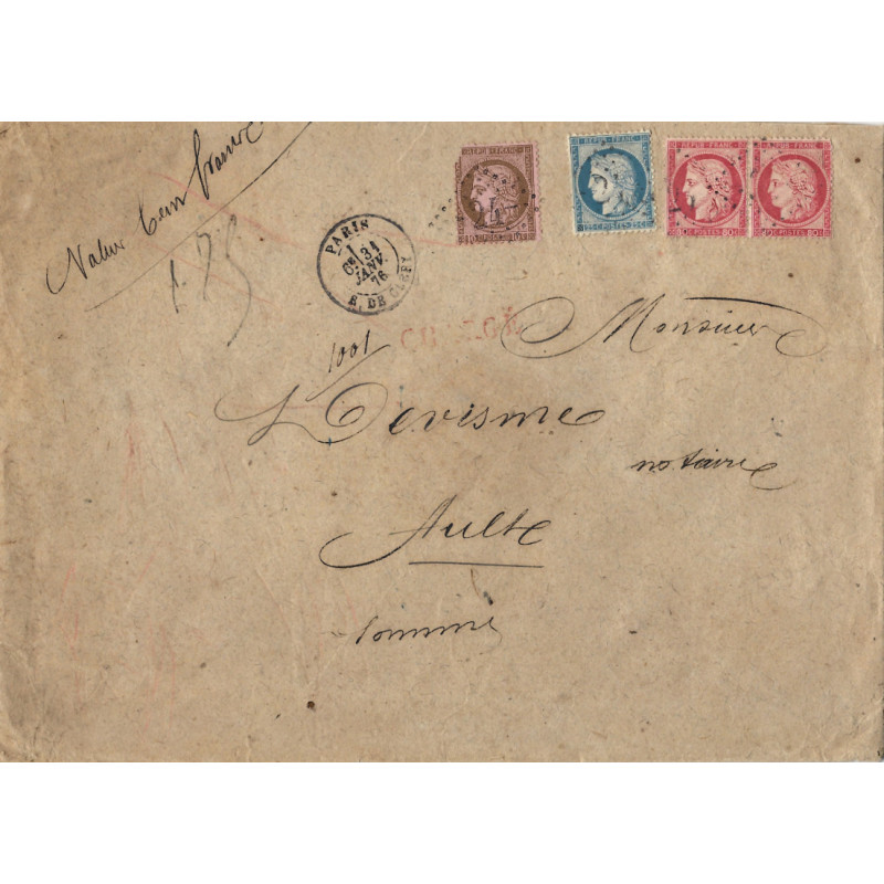 Lettre chargée de Paris affranchissement tricolore pour Ault 1878.