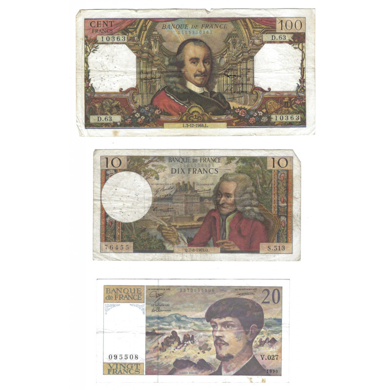 France lot de 3 billets de banque anciens.