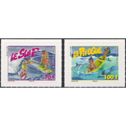 Surf et pirogue timbres Polynésie Française N°876-877 série neuf.