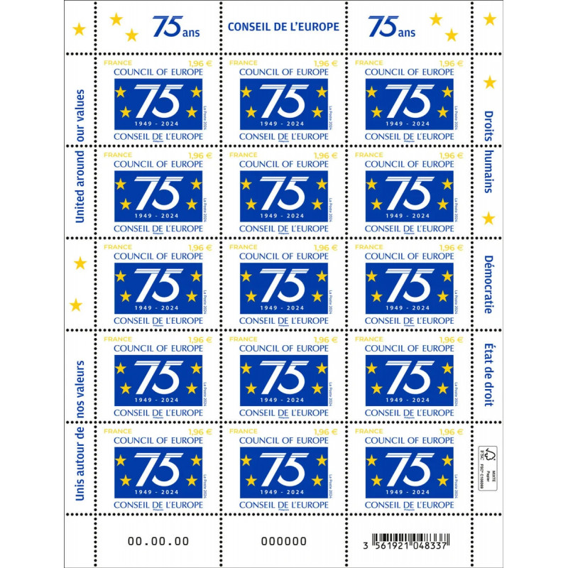 Timbre Conseil de l'Europe - 75 ans en feuillet de France N°F8 neuf**.