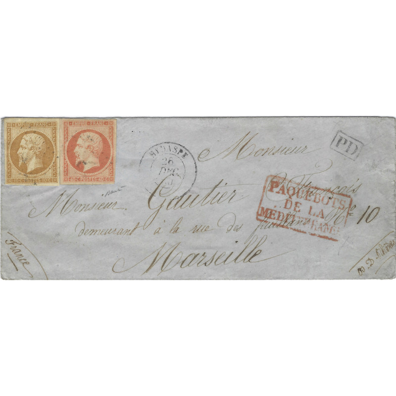 Cachet à date Hydaspe (Inde) sur pli paquebot de la méditerrané pour Marseille 1861, R.