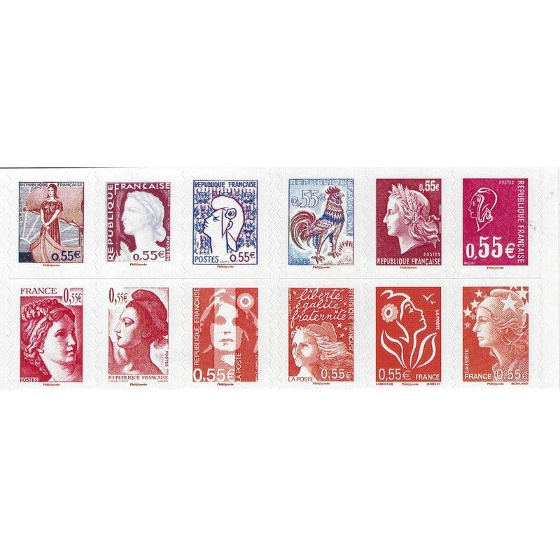 CARNET MARIANNE BLEUE de 12 timbres poste autocollants type Maria