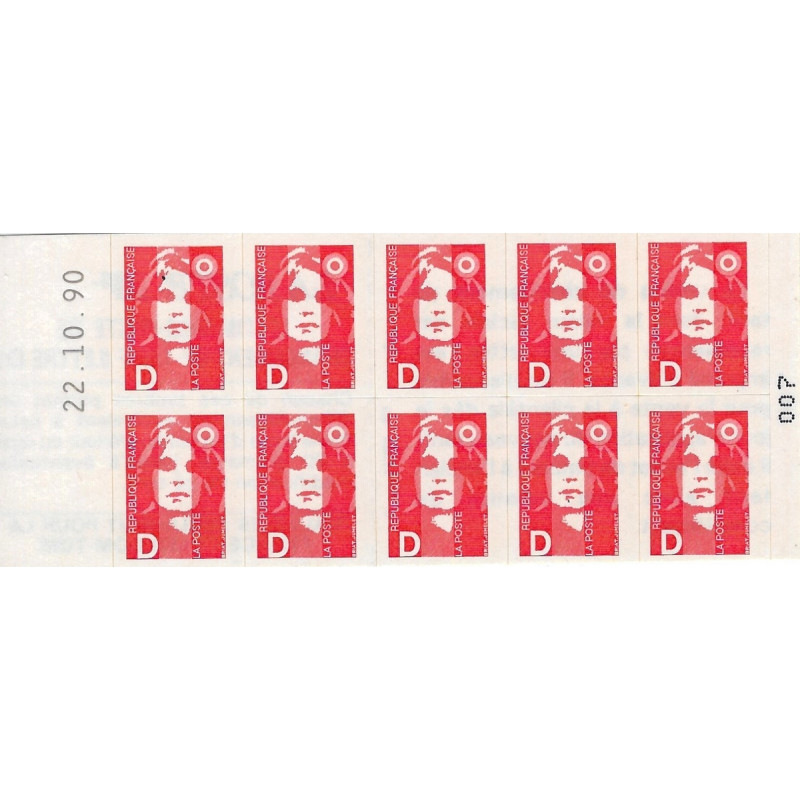 Carnet de 10 timbres autoadhésifs type Marianne de Briat (D).